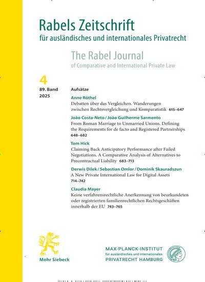 Titelbild der Ausgabe 4/2025 von Rabels Zeitschrift für ausländisches und internationales Privatrecht (RabelsZ). Diese Zeitschrift und viele weitere Jurazeitschriften und Zeitschriften für Verwaltung als Abo oder epaper bei United Kiosk online kaufen.