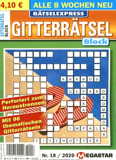 Titelbild der Ausgabe 18/2020 von Rätselexpress Gitterrätsel Block. Diese Zeitschrift und viele weitere Groschenromane und Rätselhefte als Abo oder epaper bei United Kiosk online kaufen.