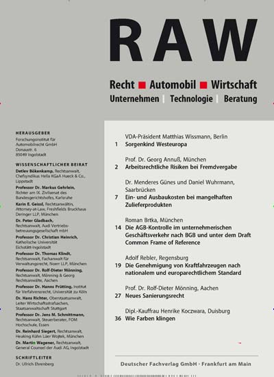 Titelbild der Ausgabe 1/2021 von RAW Recht Automobil Wirtschaft. Diese Zeitschrift und viele weitere Jurazeitschriften und Zeitschriften für Verwaltung als Abo oder epaper bei United Kiosk online kaufen.