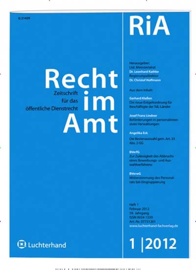 Titelbild der Ausgabe 1/2012 von Recht im Amt. Diese Zeitschrift und viele weitere Jurazeitschriften und Zeitschriften für Verwaltung als Abo oder epaper bei United Kiosk online kaufen.