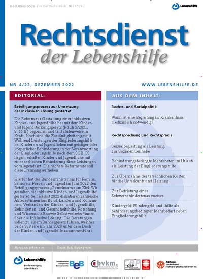 Titelbild der Ausgabe 1/2023 von Rechtsdienst der Lebenshilfe. Diese Zeitschrift und viele weitere Jurazeitschriften und Zeitschriften für Verwaltung als Abo oder epaper bei United Kiosk online kaufen.