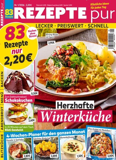 Titelbild der Ausgabe 1/2026 von Rezepte pur. Diese Zeitschrift und viele weitere Kochzeitschriften und Backzeitschriften als Abo oder epaper bei United Kiosk online kaufen.