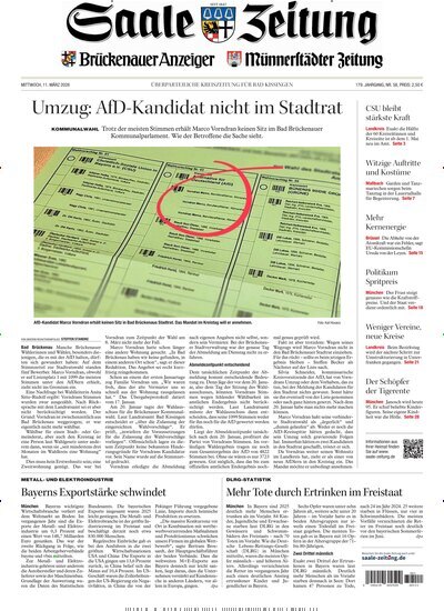 Titelbild der Ausgabe 58/2026 von Saale Zeitung. Diese Zeitschrift und viele weitere Zeitungsabos als Abo oder epaper bei United Kiosk online kaufen.