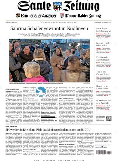 Titelbild der Ausgabe 68/2026 von Saale Zeitung. Diese Zeitschrift und viele weitere Zeitungsabos als Abo oder epaper bei United Kiosk online kaufen.