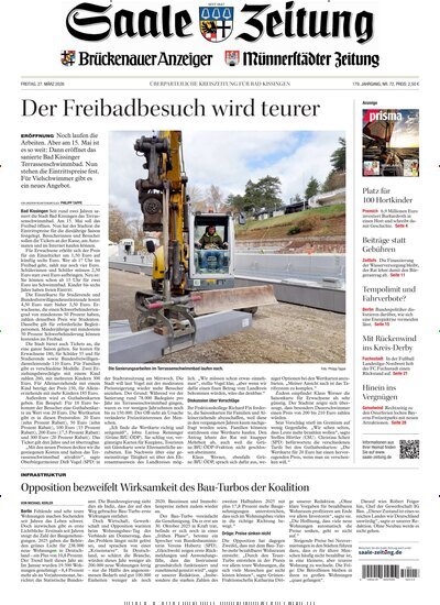 Titelbild der Ausgabe 72/2026 von Saale Zeitung. Diese Zeitschrift und viele weitere Zeitungsabos als Abo oder epaper bei United Kiosk online kaufen.