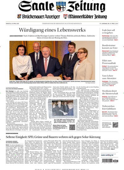 Titelbild der Ausgabe 97/2026 von Saale Zeitung. Diese Zeitschrift und viele weitere Zeitungsabos als Abo oder epaper bei United Kiosk online kaufen.