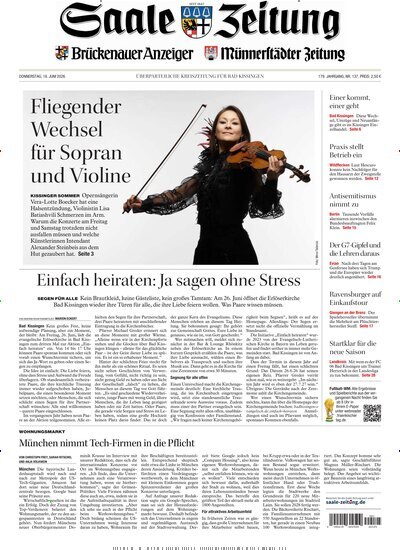 Titelbild der Ausgabe 137/2026 von Saale Zeitung. Diese Zeitschrift und viele weitere Zeitungsabos als Abo oder epaper bei United Kiosk online kaufen.