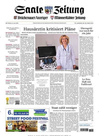 Titelbild der Ausgabe 154/2026 von Saale Zeitung. Diese Zeitschrift und viele weitere Zeitungsabos als Abo oder epaper bei United Kiosk online kaufen.