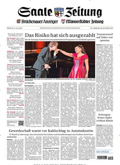 Titelbild der Ausgabe 165/2026 von Saale Zeitung. Diese Zeitschrift und viele weitere Zeitungsabos als Abo oder epaper bei United Kiosk online kaufen.