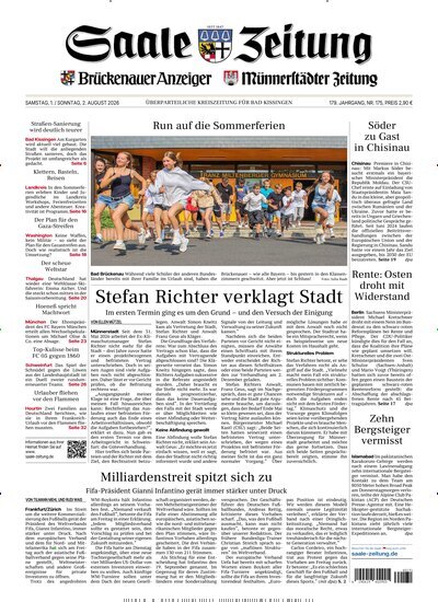 Titelbild der Ausgabe 175/2026 von Saale Zeitung. Diese Zeitschrift und viele weitere Zeitungsabos als Abo oder epaper bei United Kiosk online kaufen.