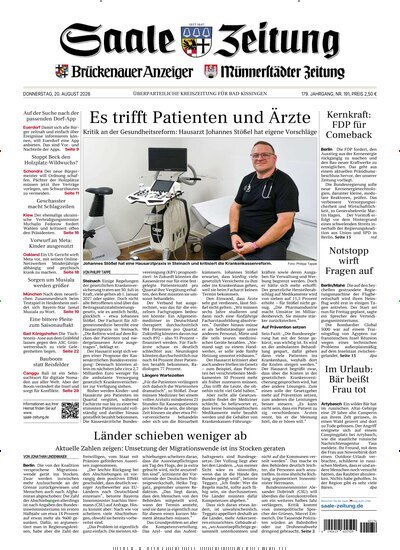 Titelbild der Ausgabe 191/2026 von Saale Zeitung. Diese Zeitschrift und viele weitere Zeitungsabos als Abo oder epaper bei United Kiosk online kaufen.