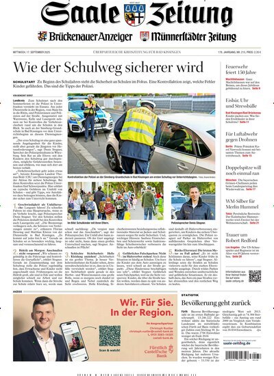 Titelbild der Ausgabe 215/2025 von Saale Zeitung. Diese Zeitschrift und viele weitere Zeitungsabos als Abo oder epaper bei United Kiosk online kaufen.