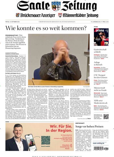 Titelbild der Ausgabe 217/2025 von Saale Zeitung. Diese Zeitschrift und viele weitere Zeitungsabos als Abo oder epaper bei United Kiosk online kaufen.