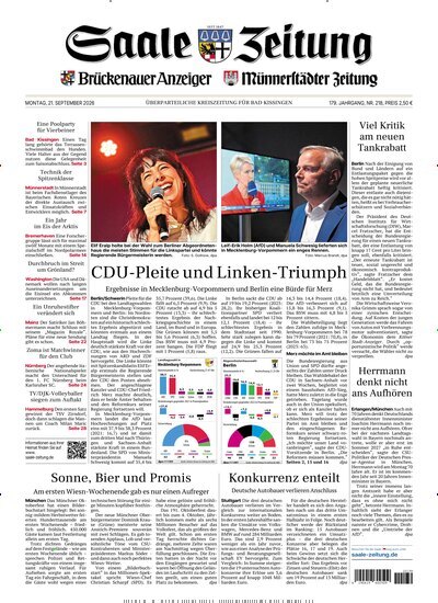 Titelbild der Ausgabe 218/2026 von Saale Zeitung. Diese Zeitschrift und viele weitere Zeitungsabos als Abo oder epaper bei United Kiosk online kaufen.