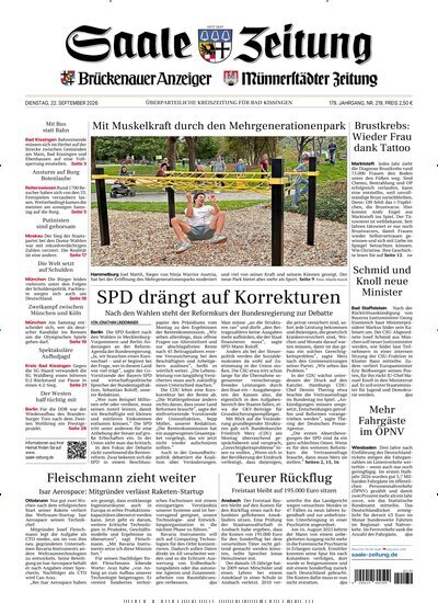 Titelbild der Ausgabe 219/2026 von Saale Zeitung. Diese Zeitschrift und viele weitere Zeitungsabos als Abo oder epaper bei United Kiosk online kaufen.
