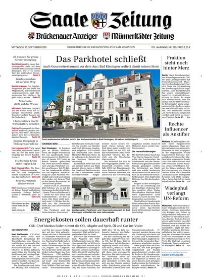 Titelbild der Ausgabe 220/2026 von Saale Zeitung. Diese Zeitschrift und viele weitere Zeitungsabos als Abo oder epaper bei United Kiosk online kaufen.