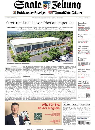 Titelbild der Ausgabe 233/2025 von Saale Zeitung. Diese Zeitschrift und viele weitere Zeitungsabos als Abo oder epaper bei United Kiosk online kaufen.