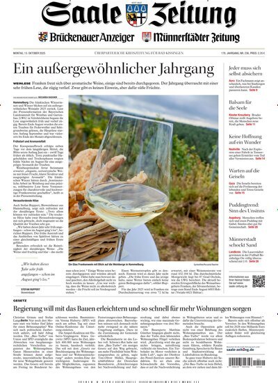 Titelbild der Ausgabe 236/2025 von Saale Zeitung. Diese Zeitschrift und viele weitere Zeitungsabos als Abo oder epaper bei United Kiosk online kaufen.