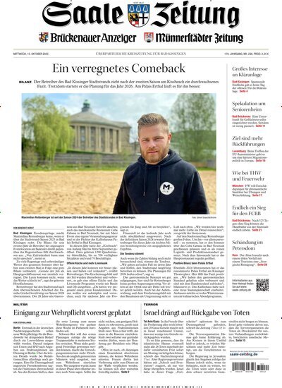 Titelbild der Ausgabe 238/2025 von Saale Zeitung. Diese Zeitschrift und viele weitere Zeitungsabos als Abo oder epaper bei United Kiosk online kaufen.