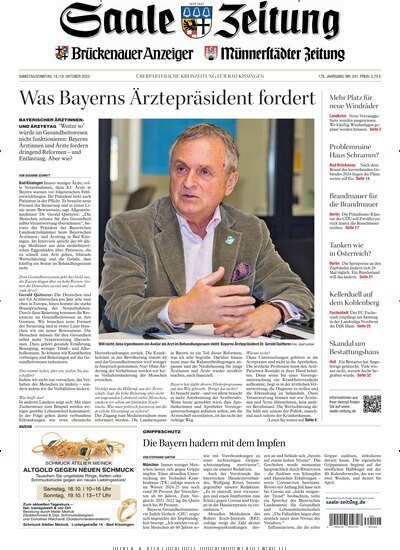 Titelbild der Ausgabe 241/2025 von Saale Zeitung. Diese Zeitschrift und viele weitere Zeitungsabos als Abo oder epaper bei United Kiosk online kaufen.