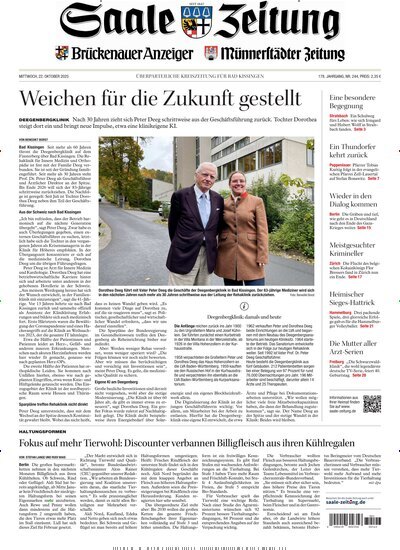 Titelbild der Ausgabe 244/2025 von Saale Zeitung. Diese Zeitschrift und viele weitere Zeitungsabos als Abo oder epaper bei United Kiosk online kaufen.