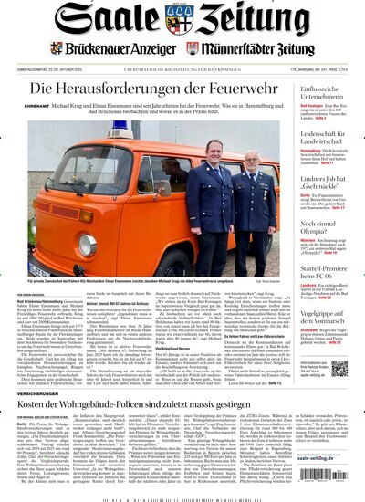 Titelbild der Ausgabe 247/2025 von Saale Zeitung. Diese Zeitschrift und viele weitere Zeitungsabos als Abo oder epaper bei United Kiosk online kaufen.