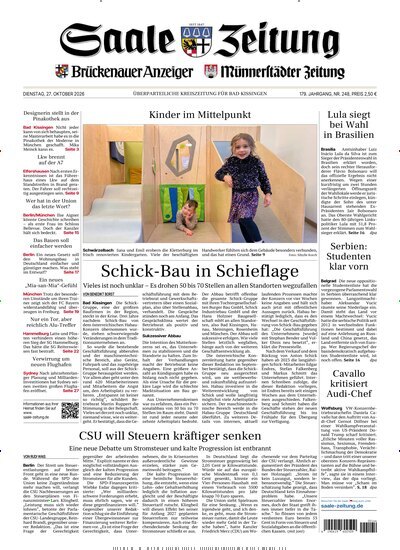 Titelbild der Ausgabe 248/2026 von Saale Zeitung. Diese Zeitschrift und viele weitere Zeitungsabos als Abo oder epaper bei United Kiosk online kaufen.