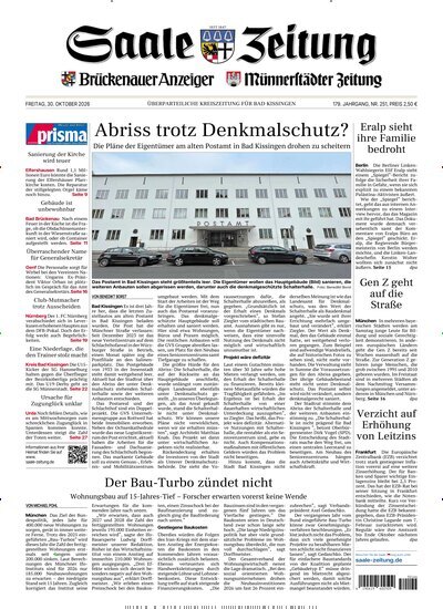 Titelbild der Ausgabe 251/2026 von Saale Zeitung. Diese Zeitschrift und viele weitere Zeitungsabos als Abo oder epaper bei United Kiosk online kaufen.