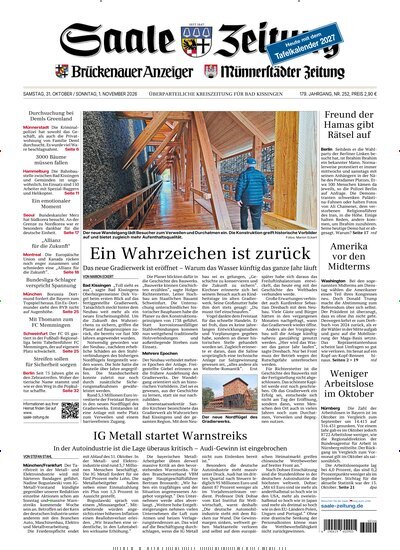 Titelbild der Ausgabe 252/2026 von Saale Zeitung. Diese Zeitschrift und viele weitere Zeitungsabos als Abo oder epaper bei United Kiosk online kaufen.