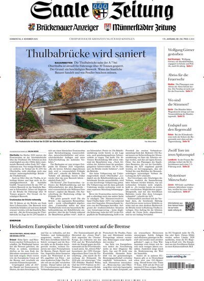 Titelbild der Ausgabe 256/2025 von Saale Zeitung. Diese Zeitschrift und viele weitere Zeitungsabos als Abo oder epaper bei United Kiosk online kaufen.