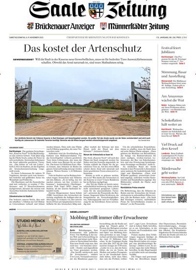 Titelbild der Ausgabe 258/2025 von Saale Zeitung. Diese Zeitschrift und viele weitere Zeitungsabos als Abo oder epaper bei United Kiosk online kaufen.