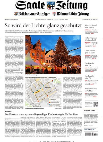 Titelbild der Ausgabe 261/2025 von Saale Zeitung. Diese Zeitschrift und viele weitere Zeitungsabos als Abo oder epaper bei United Kiosk online kaufen.