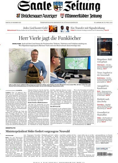 Titelbild der Ausgabe 275/2023 von Saale Zeitung. Diese Zeitschrift und viele weitere Zeitungsabos als Abo oder epaper bei United Kiosk online kaufen.
