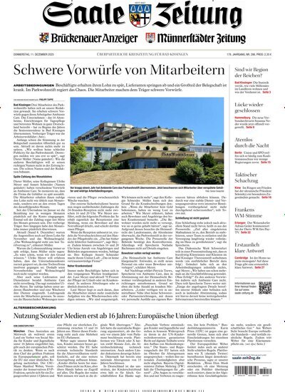 Titelbild der Ausgabe 286/2025 von Saale Zeitung. Diese Zeitschrift und viele weitere Zeitungsabos als Abo oder epaper bei United Kiosk online kaufen.