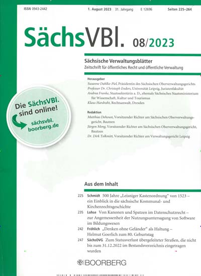 Titelbild der Ausgabe 8/2023 von Sächsische Verwaltungsblätter SächsVBl.. Diese Zeitschrift und viele weitere Jurazeitschriften und Zeitschriften für Verwaltung als Abo oder epaper bei United Kiosk online kaufen.