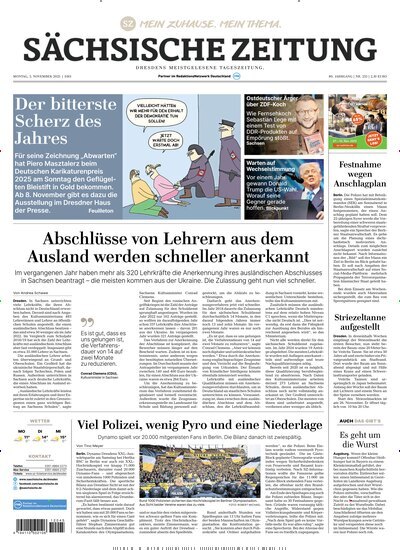 Titelbild der Ausgabe 258/2025 von Sächsische Zeitung. Diese Zeitschrift und viele weitere Zeitungsabos als Abo oder epaper bei United Kiosk online kaufen.