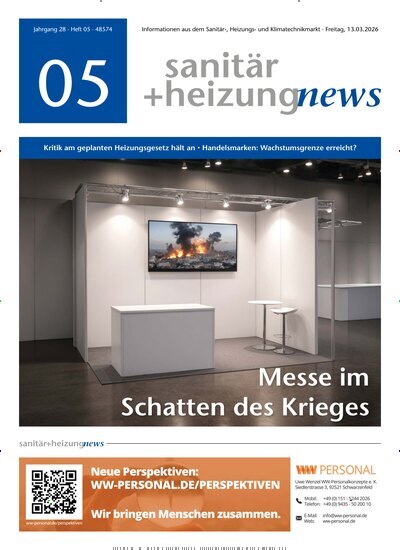 Titelbild der Ausgabe 5/2026 von sanitär + heizung news. Diese Zeitschrift und viele weitere Architekturzeitschriften und Bauzeitschriften als Abo oder epaper bei United Kiosk online kaufen.