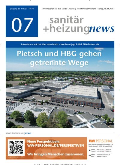 Titelbild der Ausgabe 7/2026 von sanitär + heizung news. Diese Zeitschrift und viele weitere Architekturzeitschriften und Bauzeitschriften als Abo oder epaper bei United Kiosk online kaufen.