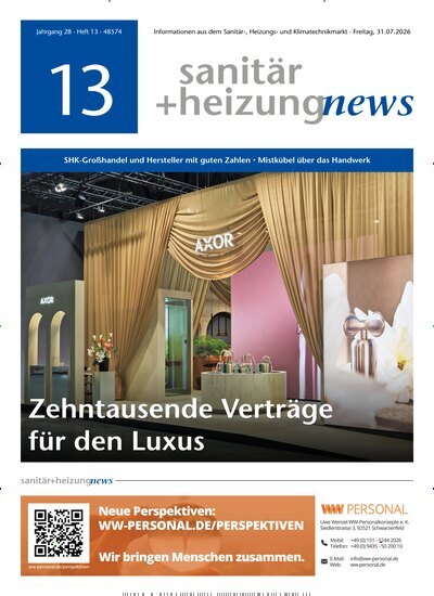 Titelbild der Ausgabe 13/2026 von sanitär + heizung news. Diese Zeitschrift und viele weitere Architekturzeitschriften und Bauzeitschriften als Abo oder epaper bei United Kiosk online kaufen.