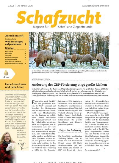 Titelbild der Ausgabe 2/2026 von Schafzucht. Diese Zeitschrift und viele weitere Naturzeitschriften, Landwirtschaftszeitungen und Umweltmagazine als Abo oder epaper bei United Kiosk online kaufen.
