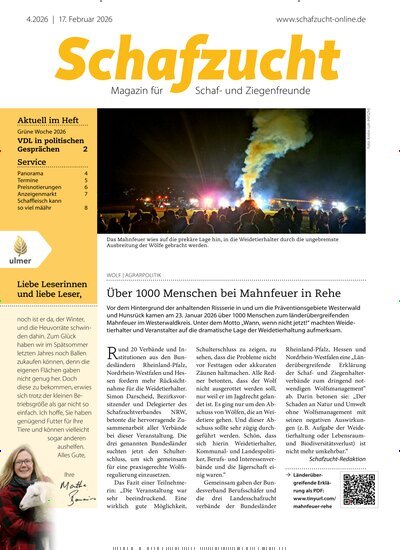 Titelbild der Ausgabe 4/2026 von Schafzucht. Diese Zeitschrift und viele weitere Naturzeitschriften, Landwirtschaftszeitungen und Umweltmagazine als Abo oder epaper bei United Kiosk online kaufen.