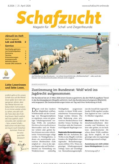 Titelbild der Ausgabe 8/2026 von Schafzucht. Diese Zeitschrift und viele weitere Naturzeitschriften, Landwirtschaftszeitungen und Umweltmagazine als Abo oder epaper bei United Kiosk online kaufen.