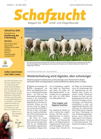Titelbild der Ausgabe 10/2025 von Schafzucht. Diese Zeitschrift und viele weitere Naturzeitschriften, Landwirtschaftszeitungen und Umweltmagazine als Abo oder epaper bei United Kiosk online kaufen.