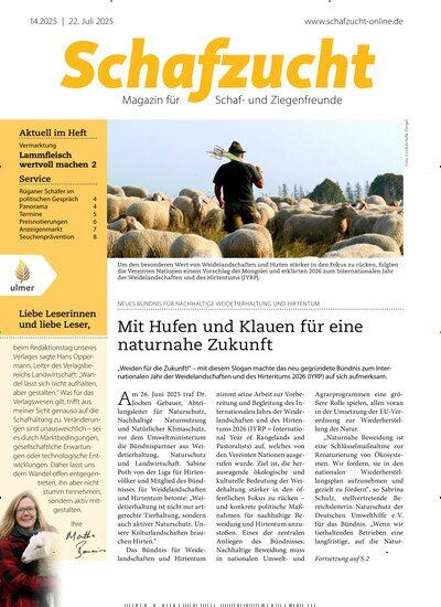 Titelbild der Ausgabe 14/2025 von Schafzucht. Diese Zeitschrift und viele weitere Naturzeitschriften, Landwirtschaftszeitungen und Umweltmagazine als Abo oder epaper bei United Kiosk online kaufen.