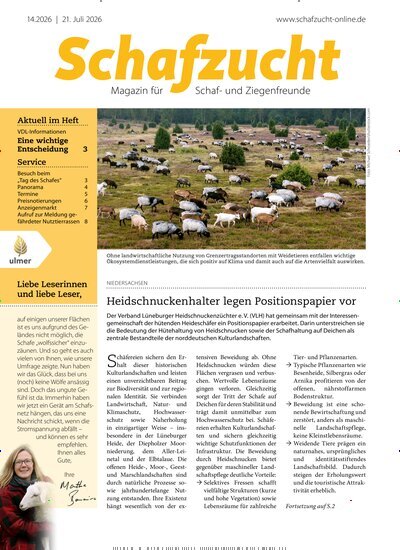 Titelbild der Ausgabe 14/2026 von Schafzucht. Diese Zeitschrift und viele weitere Naturzeitschriften, Landwirtschaftszeitungen und Umweltmagazine als Abo oder epaper bei United Kiosk online kaufen.