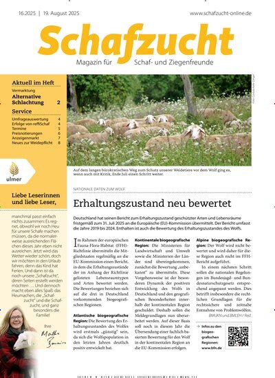 Titelbild der Ausgabe 16/2025 von Schafzucht. Diese Zeitschrift und viele weitere Naturzeitschriften, Landwirtschaftszeitungen und Umweltmagazine als Abo oder epaper bei United Kiosk online kaufen.