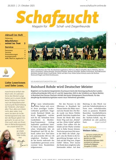 Titelbild der Ausgabe 20/2025 von Schafzucht. Diese Zeitschrift und viele weitere Naturzeitschriften, Landwirtschaftszeitungen und Umweltmagazine als Abo oder epaper bei United Kiosk online kaufen.
