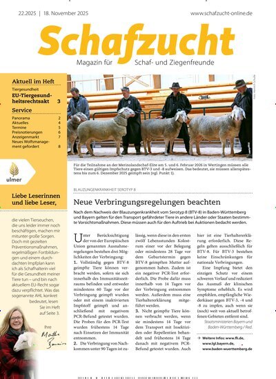 Titelbild der Ausgabe 22/2025 von Schafzucht. Diese Zeitschrift und viele weitere Naturzeitschriften, Landwirtschaftszeitungen und Umweltmagazine als Abo oder epaper bei United Kiosk online kaufen.