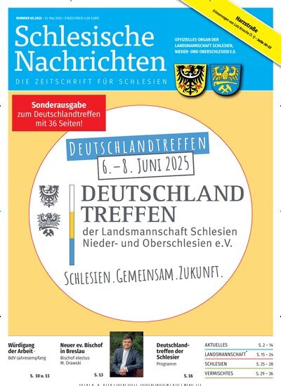 Titelbild der Ausgabe 5/2025 von Schlesische Nachrichten. Diese Zeitschrift und viele weitere Reisemagazine, Freizeitmagazine und Wissensmagazine als Abo oder epaper bei United Kiosk online kaufen.