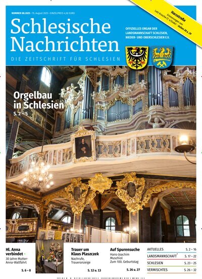 Titelbild der Ausgabe 8/2025 von Schlesische Nachrichten. Diese Zeitschrift und viele weitere Reisemagazine, Freizeitmagazine und Wissensmagazine als Abo oder epaper bei United Kiosk online kaufen.